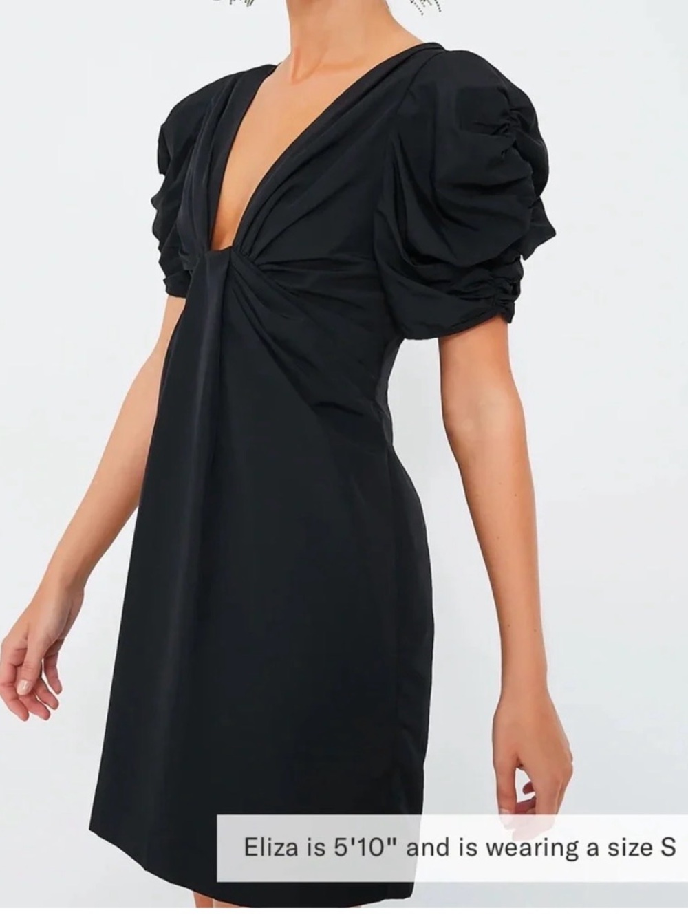 Black Puff-Sleeve Mini Dress with Gathered V-Neck